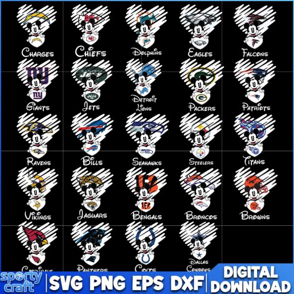 Mickey Mouse Heart NFL Bundle SVG, 32 Teams NFL SVG